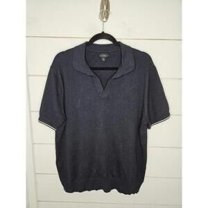 J Crew large navy blue johnny collar knit shirt with white stripe sleeve detail